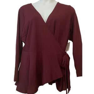 NWT Eloquii Burgundy Hi-Lo Wrap Blouse 3/4 Sleeves Tie Waist Burgundy Size 20*